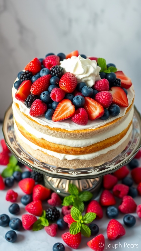 A stunning Berry Medley Cake topped with whipped cream and fresh berries on a cake stand.